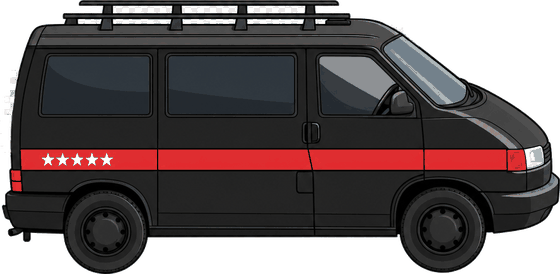 Seitenansicht des schwarzen VW T4 mit rotem Streifen